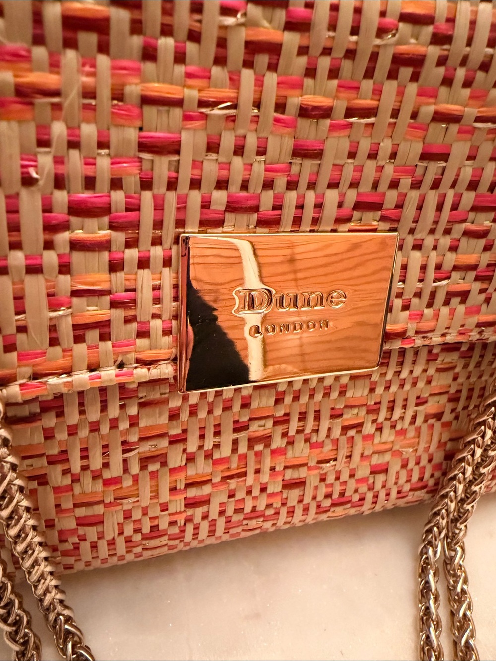 Dune London Pink Multicolor Raffia Woven Shoulder Bag w/Gold Chain (Like New) - Picture 6 of 12